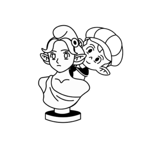 Mascotte Le Petit Gavroche derrière un buste de Marianne illustrée