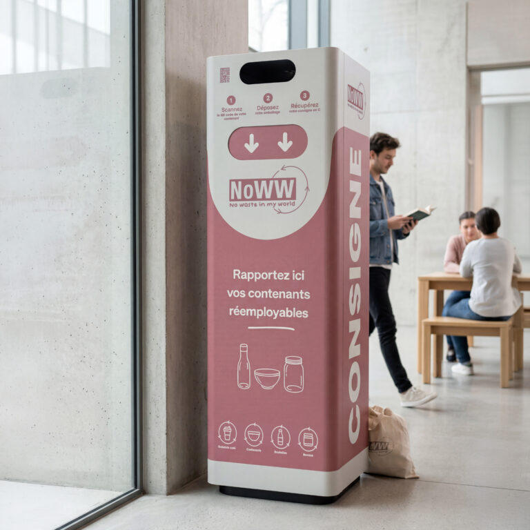 Borne de produits consignés NoWW avec habillage 3D intégrée dans un environnement réel